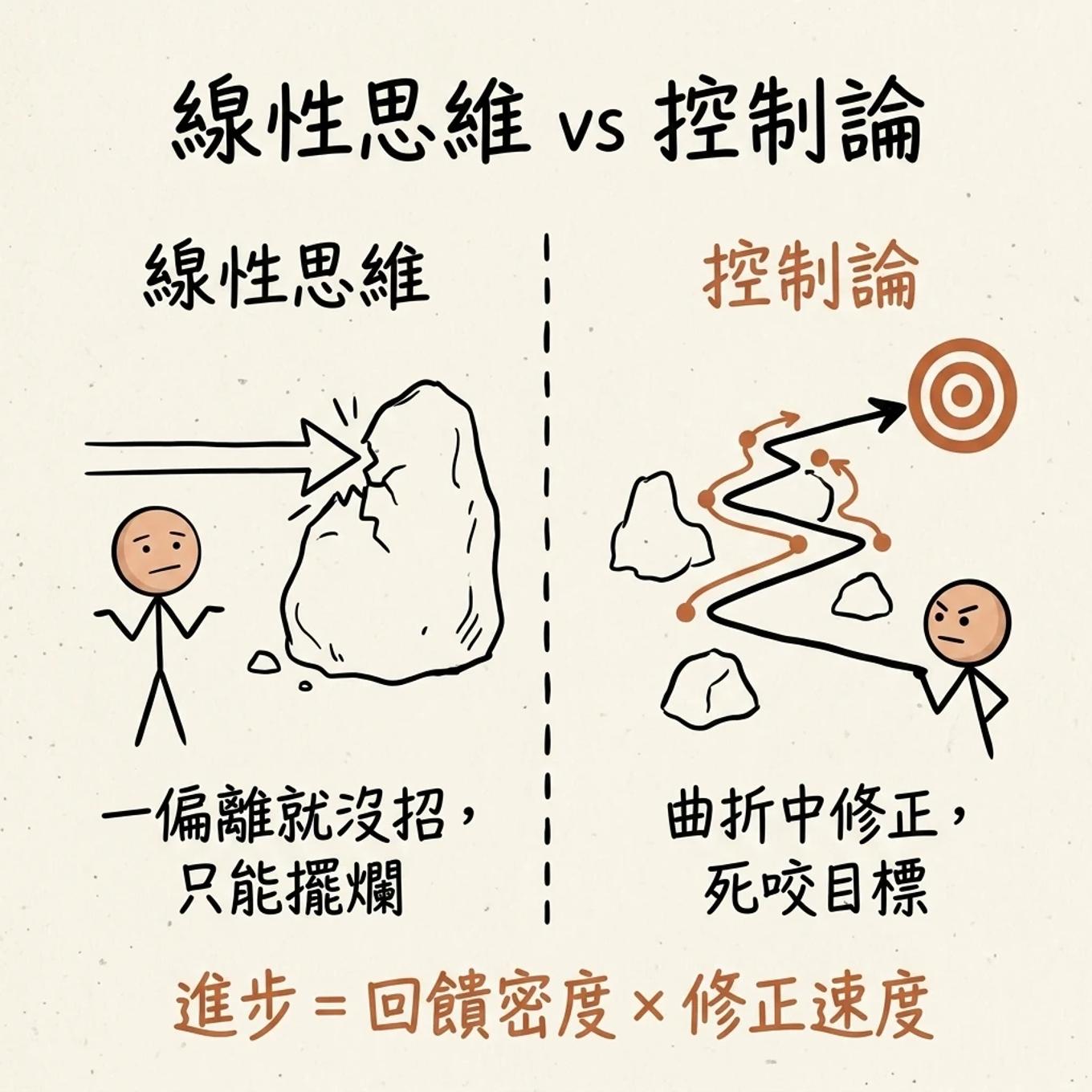 線性思維 vs 控制論：線性一偏離就沒招、只能擺爛，控制論在曲折中不斷修正、死咬目標