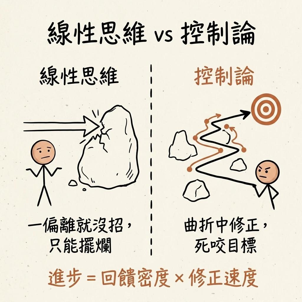 線性思維 vs 控制論:線性一偏離就沒招、只能擺爛,控制論在曲折中不斷修正、死咬目標
