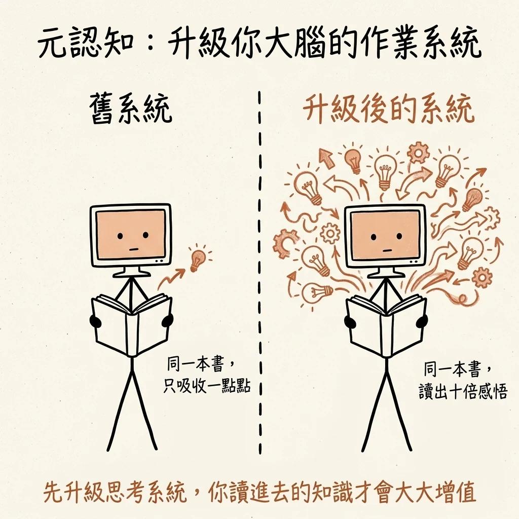 元認知是升級大腦的作業系統:舊系統讀同一本書只吸收一點點,升級後的系統讀同一本書能讀出十倍感悟,先升級思考系統知識才會大大增值
