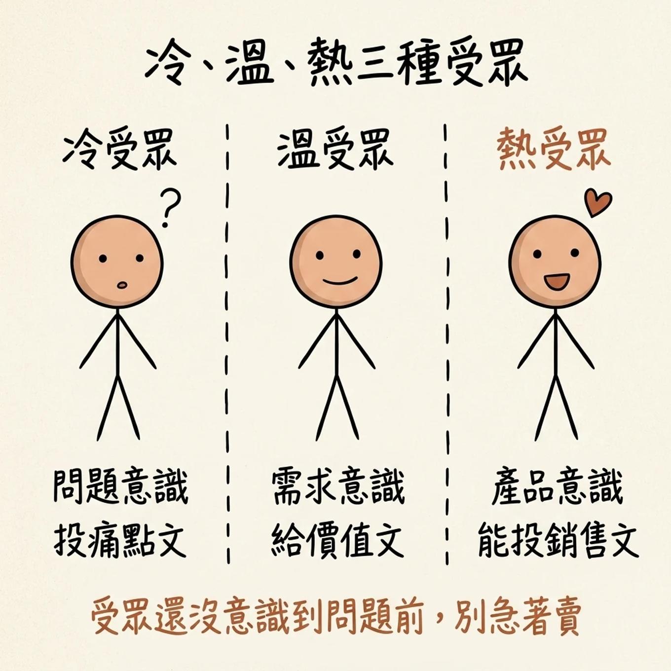 冷溫熱三種受眾：冷受眾投痛點文、溫受眾給價值文、熱受眾才投銷售文，受眾沒意識到問題前別急著賣