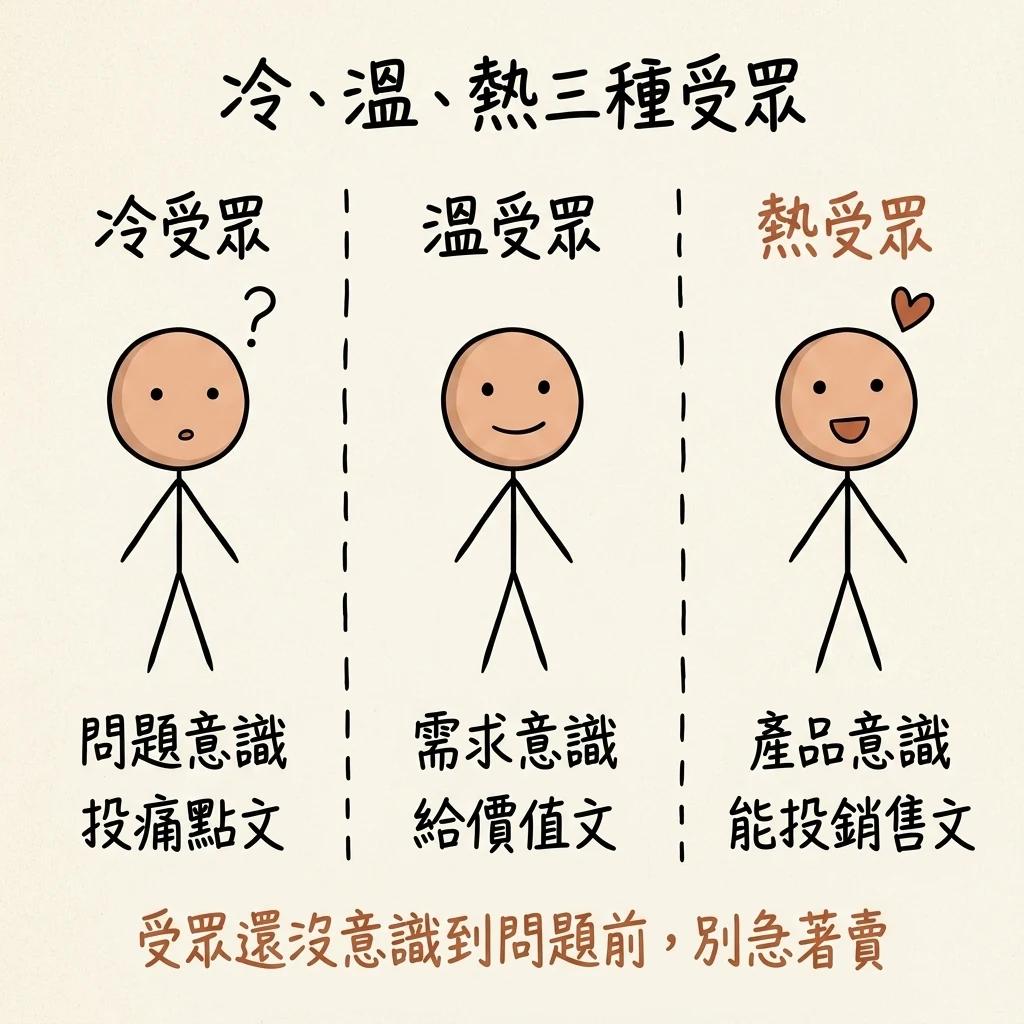冷溫熱三種受眾:冷受眾投痛點文、溫受眾給價值文、熱受眾才投銷售文,受眾沒意識到問題前別急著賣