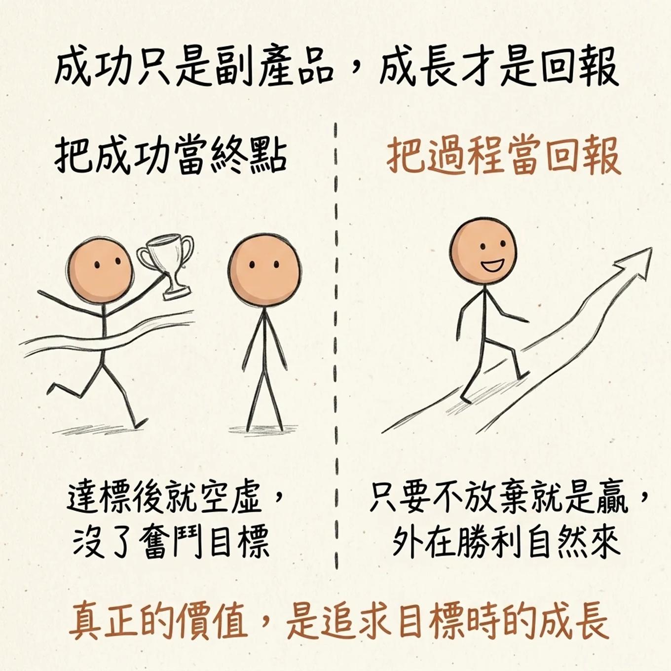 成功只是副產品成長才是回報：把成功當終點達標後就空虛沒了奮鬥目標，把過程當回報只要不放棄就是贏外在勝利自然來，真正的價值是追求目標時的成長