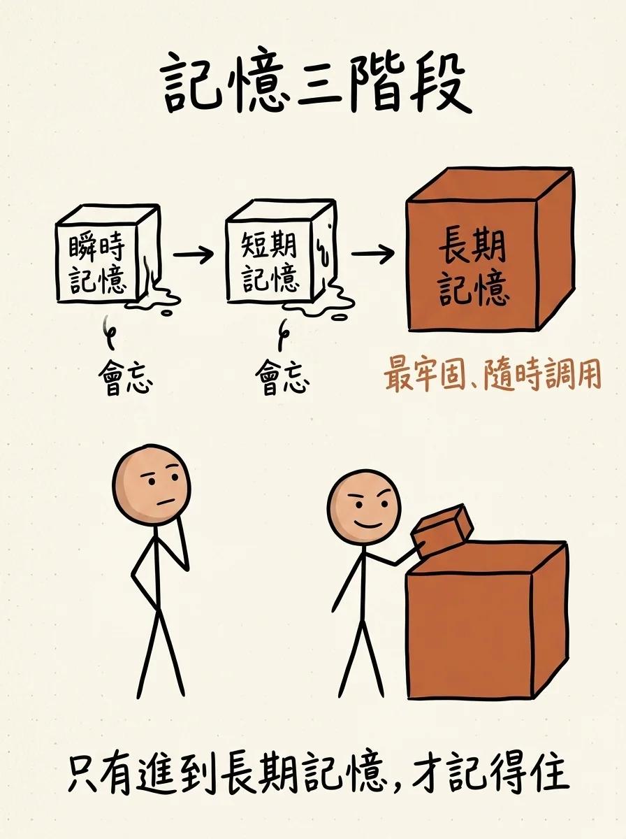 記憶三階段:瞬時記憶與短期記憶都會忘,只有長期記憶最牢固、能隨時調用