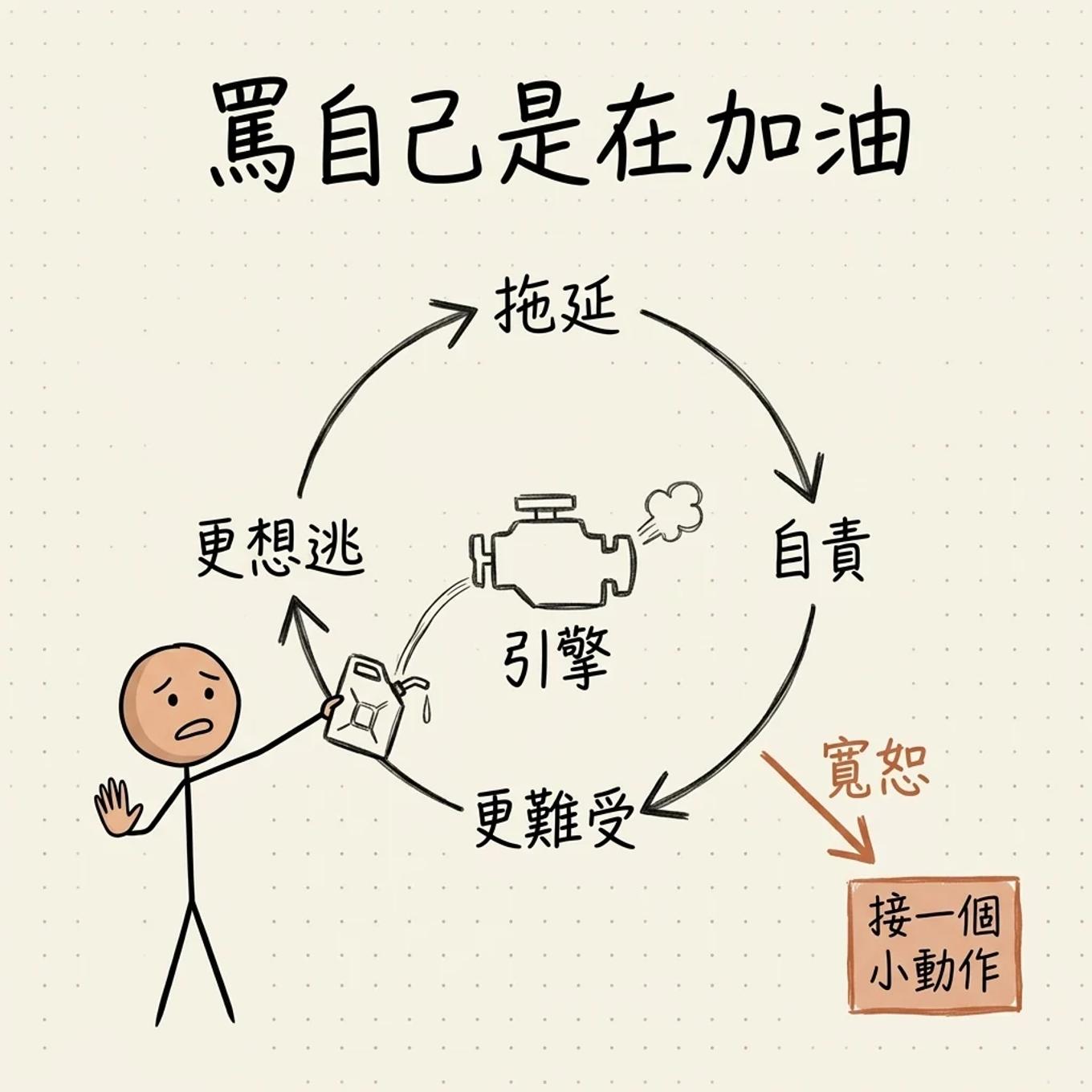 罵自己是在加油:拖延、自責、更難受、更想逃繞成一個閉環,自責等於往引擎裡倒油;寬恕是唯一往外的出口,出口後面必須接一個小動作