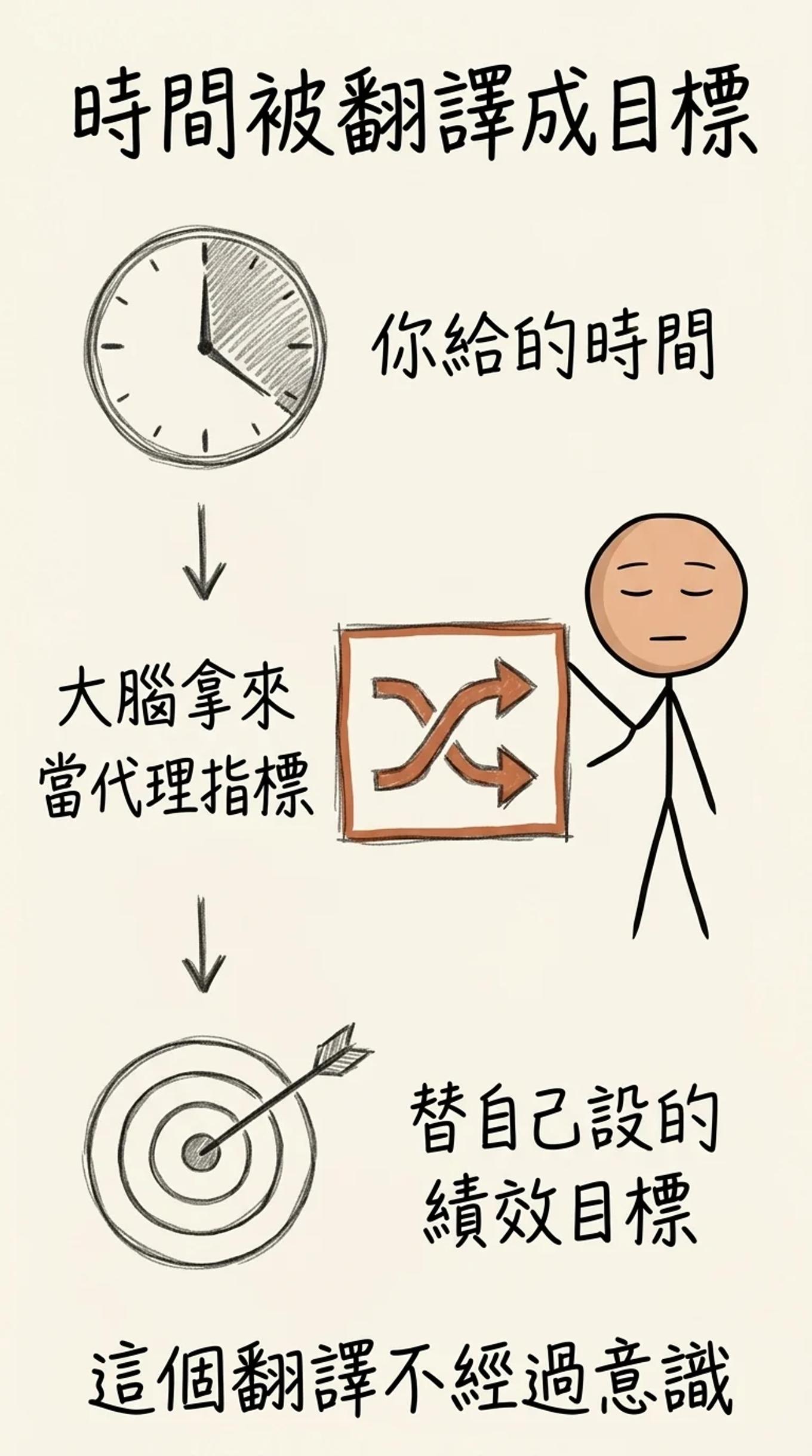 時間被翻譯成目標：你給的時間被大腦拿來當代理指標，變成替自己設下的績效目標，而這個翻譯不經過意識