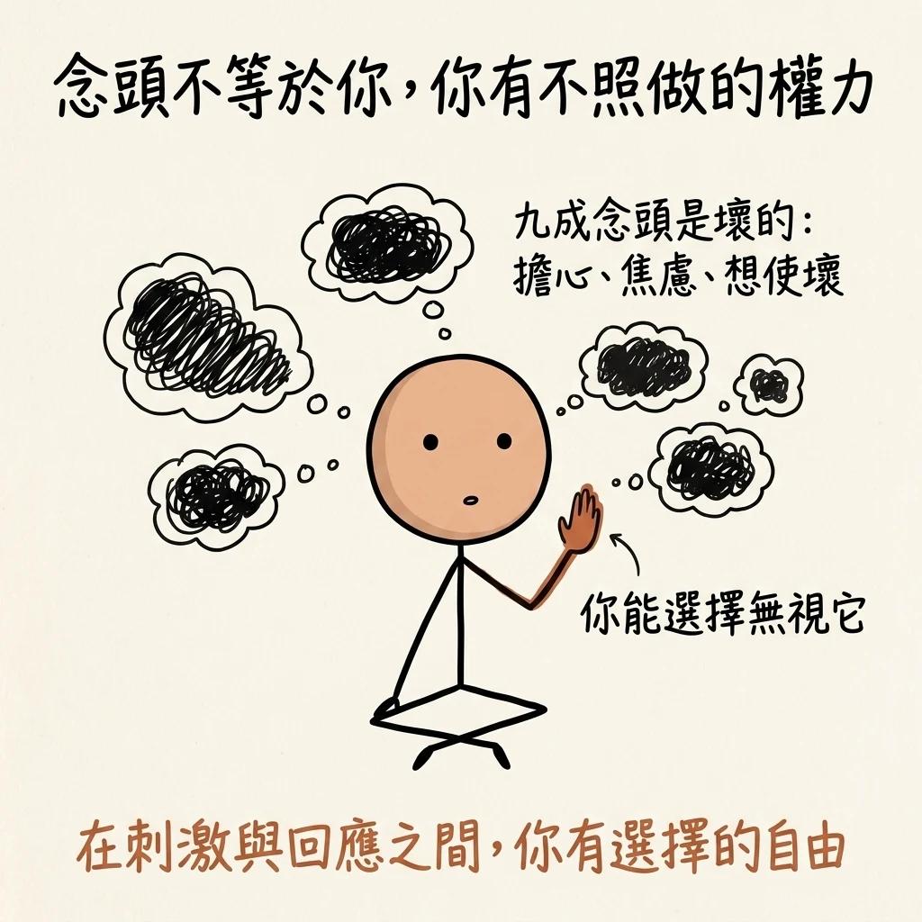 念頭不等於你你有不照做的權力:九成念頭是壞的擔心焦慮想使壞,但你能選擇無視它,在刺激與回應之間你有選擇的自由