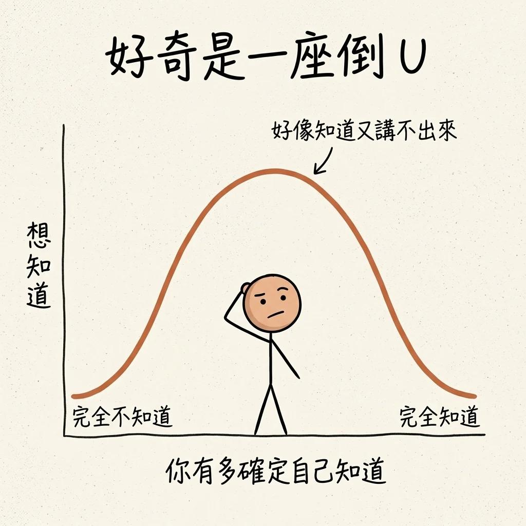 好奇是一座倒 U:完全不知道時好奇低,完全知道時好奇也低,高峰落在好像知道又講不出來的中間地帶