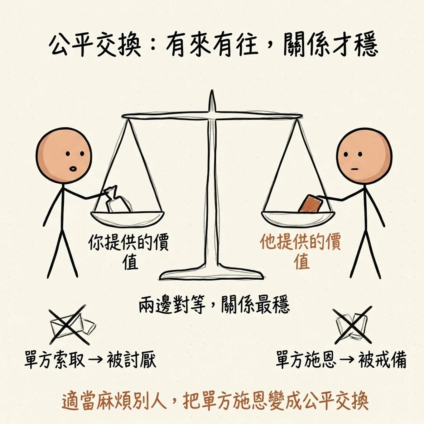 公平交換天平：左盤你提供的價值、右盤他提供的價值，兩邊對等關係最穩，單方索取被討厭、單方施恩被戒備，適當麻煩別人把施恩變成公平交換