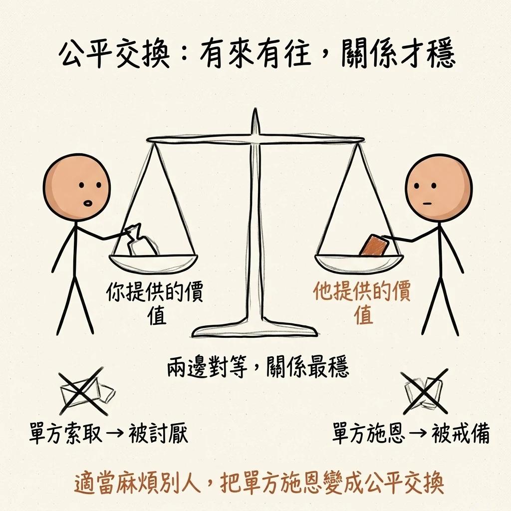公平交換天平:左盤你提供的價值、右盤他提供的價值,兩邊對等關係最穩,單方索取被討厭、單方施恩被戒備,適當麻煩別人把施恩變成公平交換
