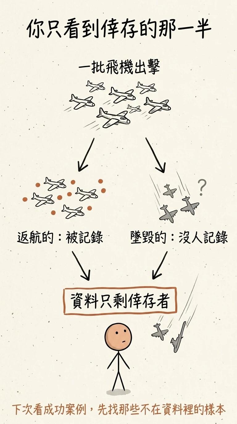 倖存者篩選:軍方資料只包含飛回來的飛機,被擊落的樣本不在資料裡,導致結論偏頗