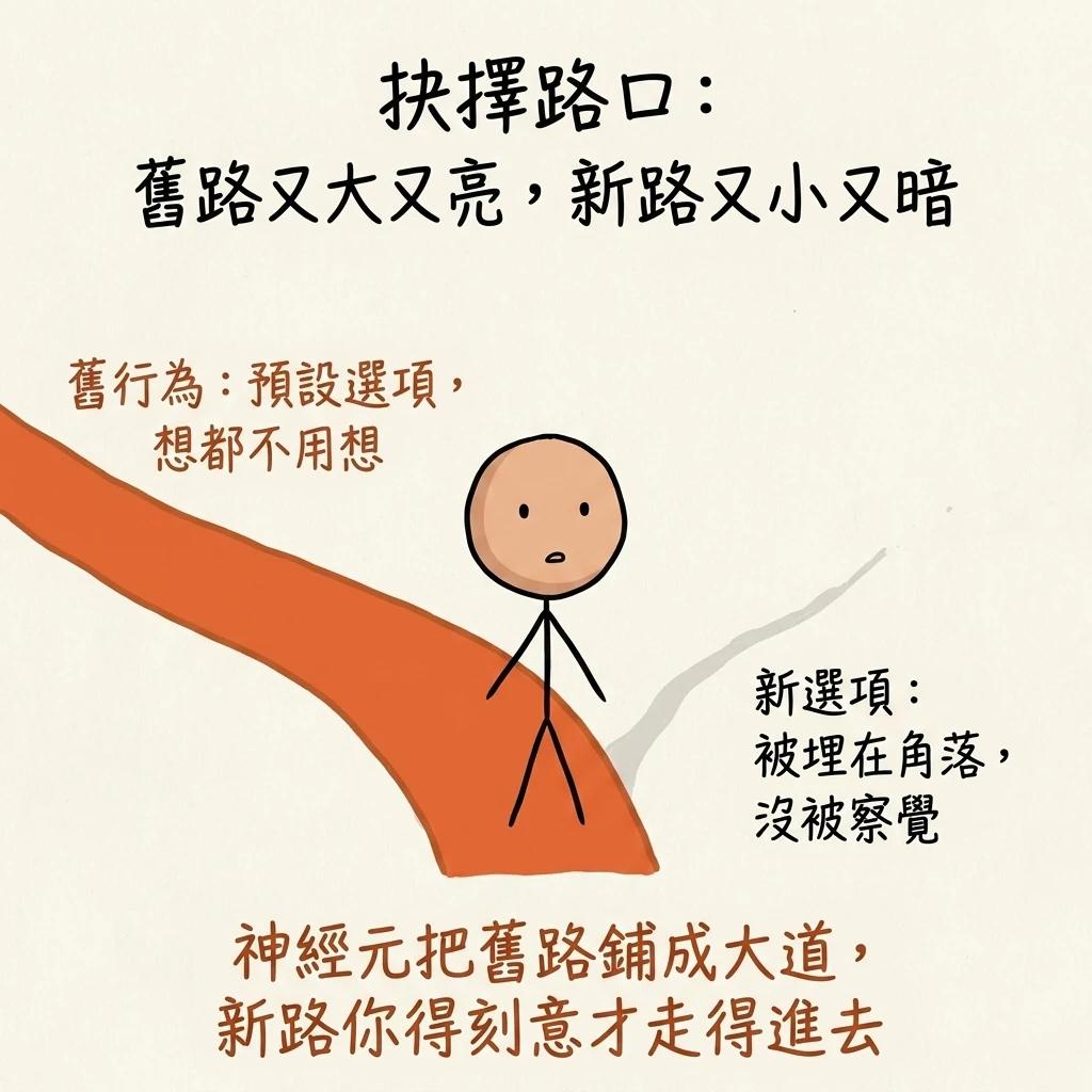 抉擇路口舊路又大又亮新路又小又暗:舊行為是預設選項想都不用想新選項被埋在角落沒被察覺,神經元把舊路鋪成大道新路你得刻意才走得進去