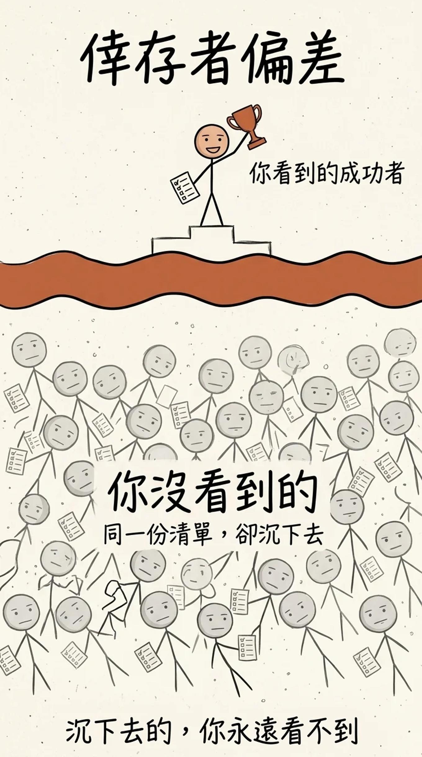 倖存者偏差：你看到台上拿獎盃的成功者，看不到水面下拿同一份清單卻沉下去的一大票人