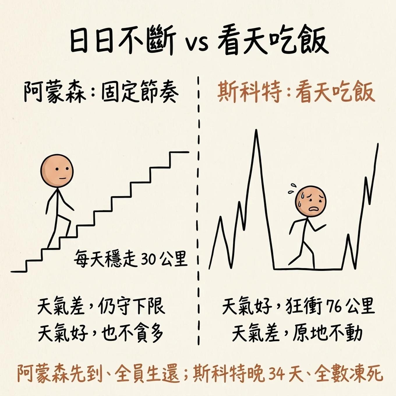 日日不斷對比看天吃飯：阿蒙森每天穩走三十公里、天氣差守下限天氣好不貪多，斯科特看天氣狂衝或原地不動，結果阿蒙森先到全員生還、斯科特晚三十四天全數凍死