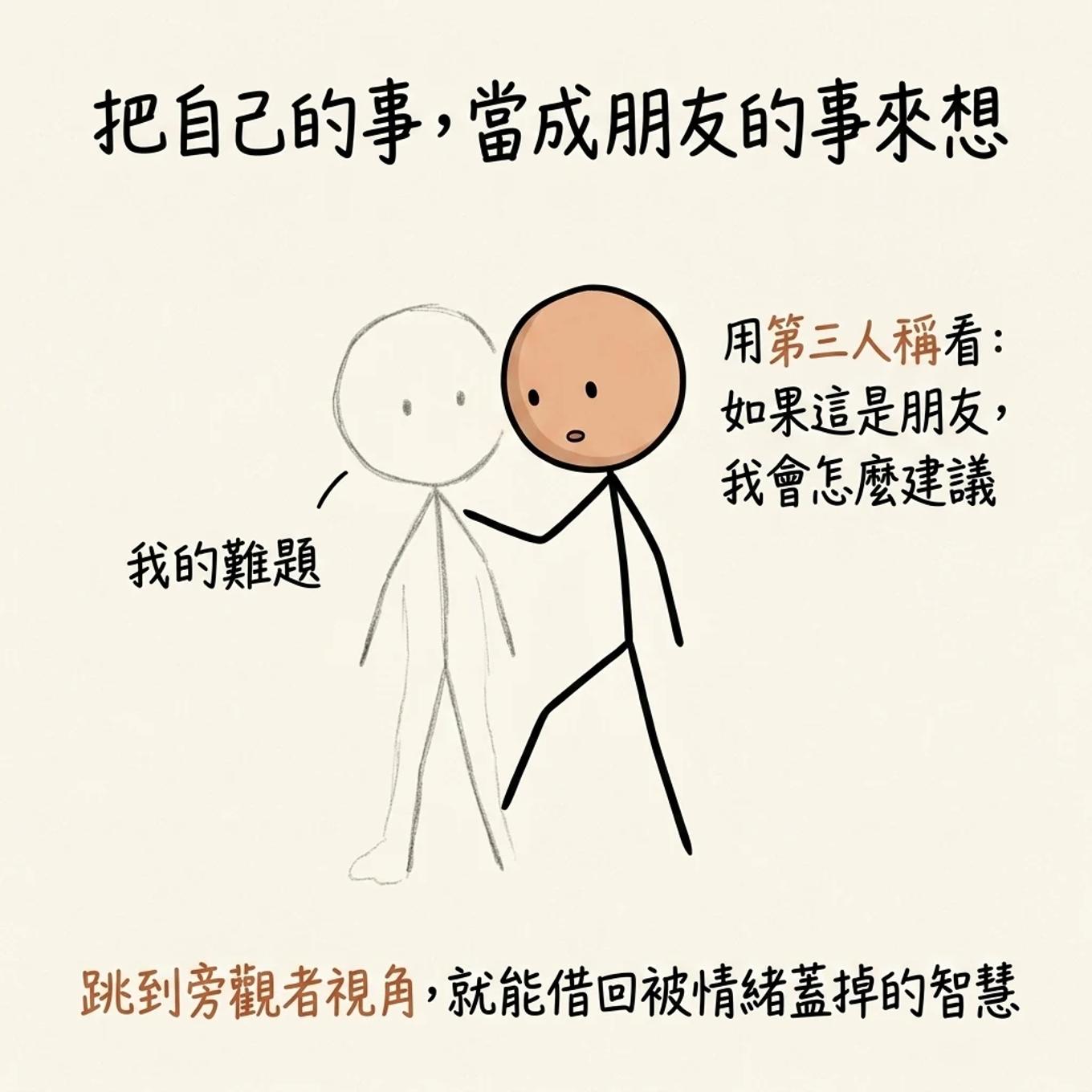 把自己的事當成朋友的事來想：我的難題，用第三人稱看如果這是朋友我會怎麼建議，跳到旁觀者視角就能借回被情緒蓋掉的智慧