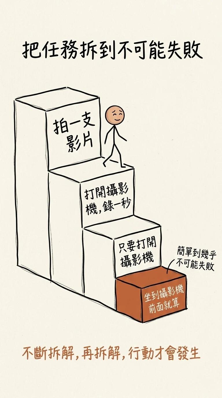 把任務拆到不可能失敗:從拍一支影片拆到打開攝影機、坐到攝影機前,難度降到幾乎不可能失敗