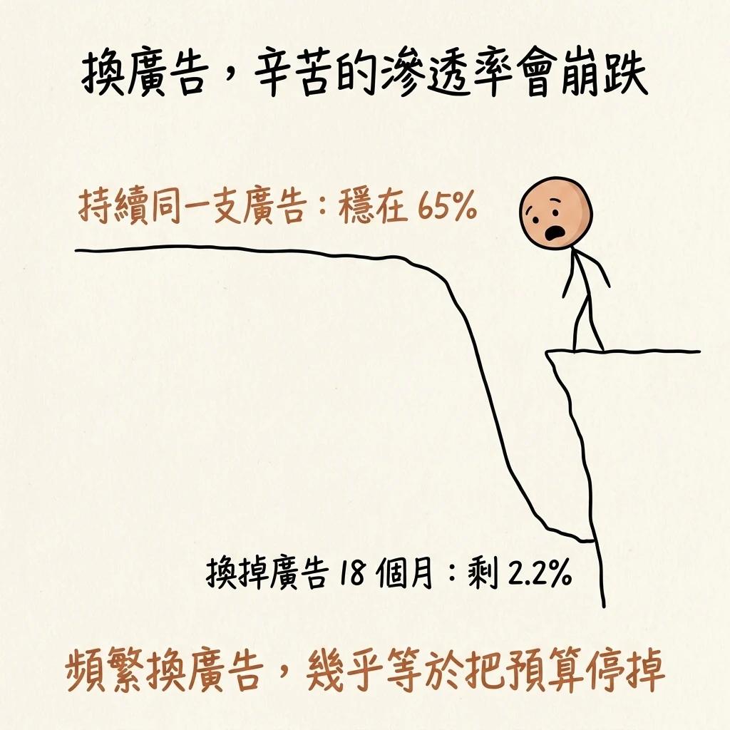 換廣告辛苦的滲透率會崩跌:持續同一支廣告能穩在百分之六十五換掉廣告十八個月只剩百分之二點二,頻繁換廣告幾乎等於把預算停掉