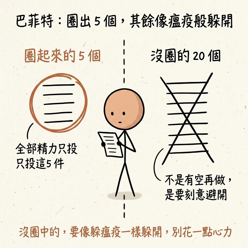 巴菲特二十五個目標圈出最重要五個其餘二十個要像瘟疫般躲開:圈起來的五個全部精力只投這五件,沒圈的二十個不是有空再做而是要刻意避開別花一點心力