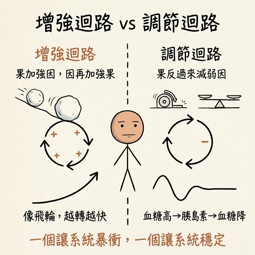 增強迴路與調節迴路:增強迴路像飛輪越轉越快讓系統暴衝,調節迴路像煞車讓系統趨於穩定