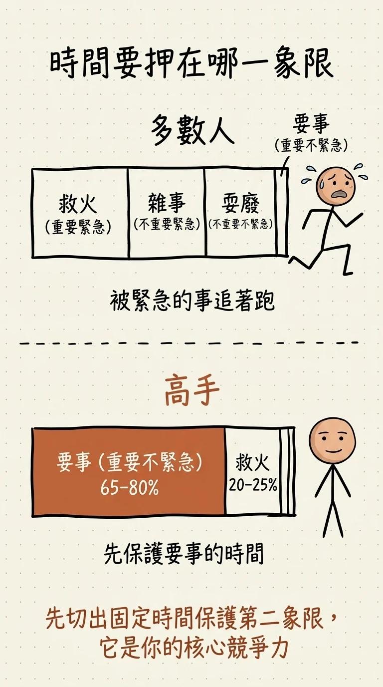 時間配比目標:把六到八成時間放在第二象限重要但不緊急的事,第三四象限壓到最低