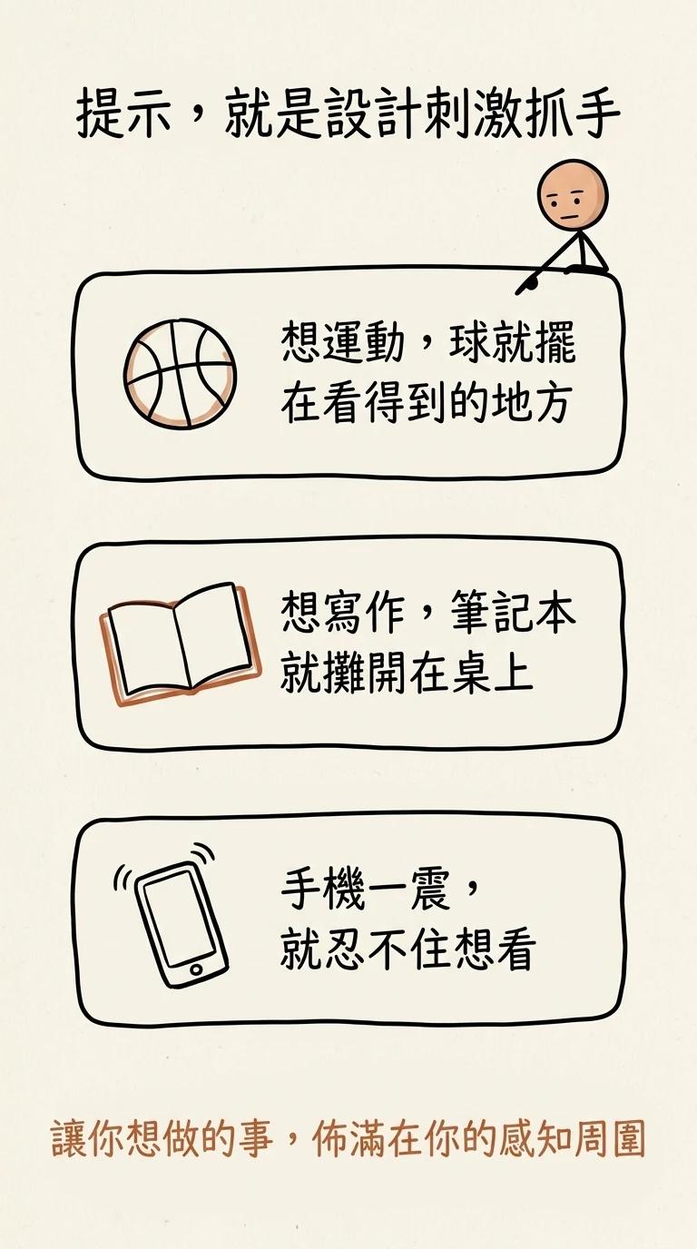 提示就是設計刺激抓手:想運動就把球擺在看得到的地方,想寫作就把筆記本攤開在桌上