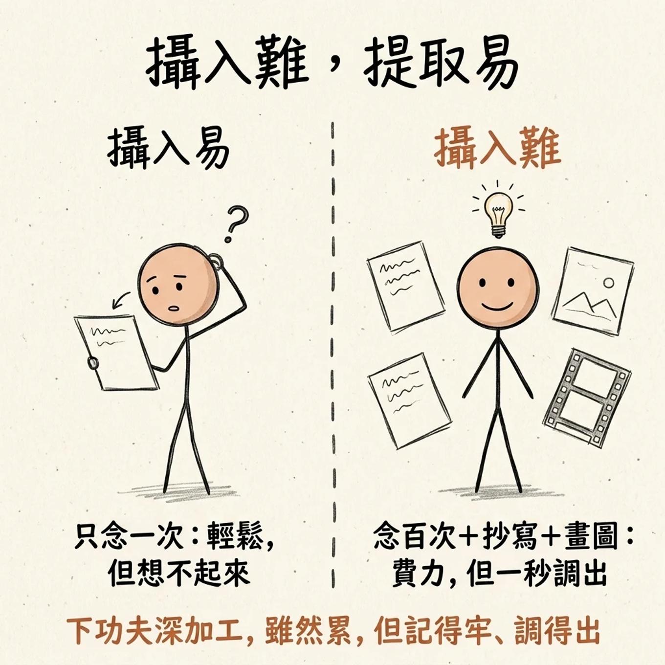 攝入難提取易對比：只念一次很輕鬆但想不起來，念百次加抄寫加畫圖很費力但一秒調出，下功夫深加工雖然累但記得牢調得出