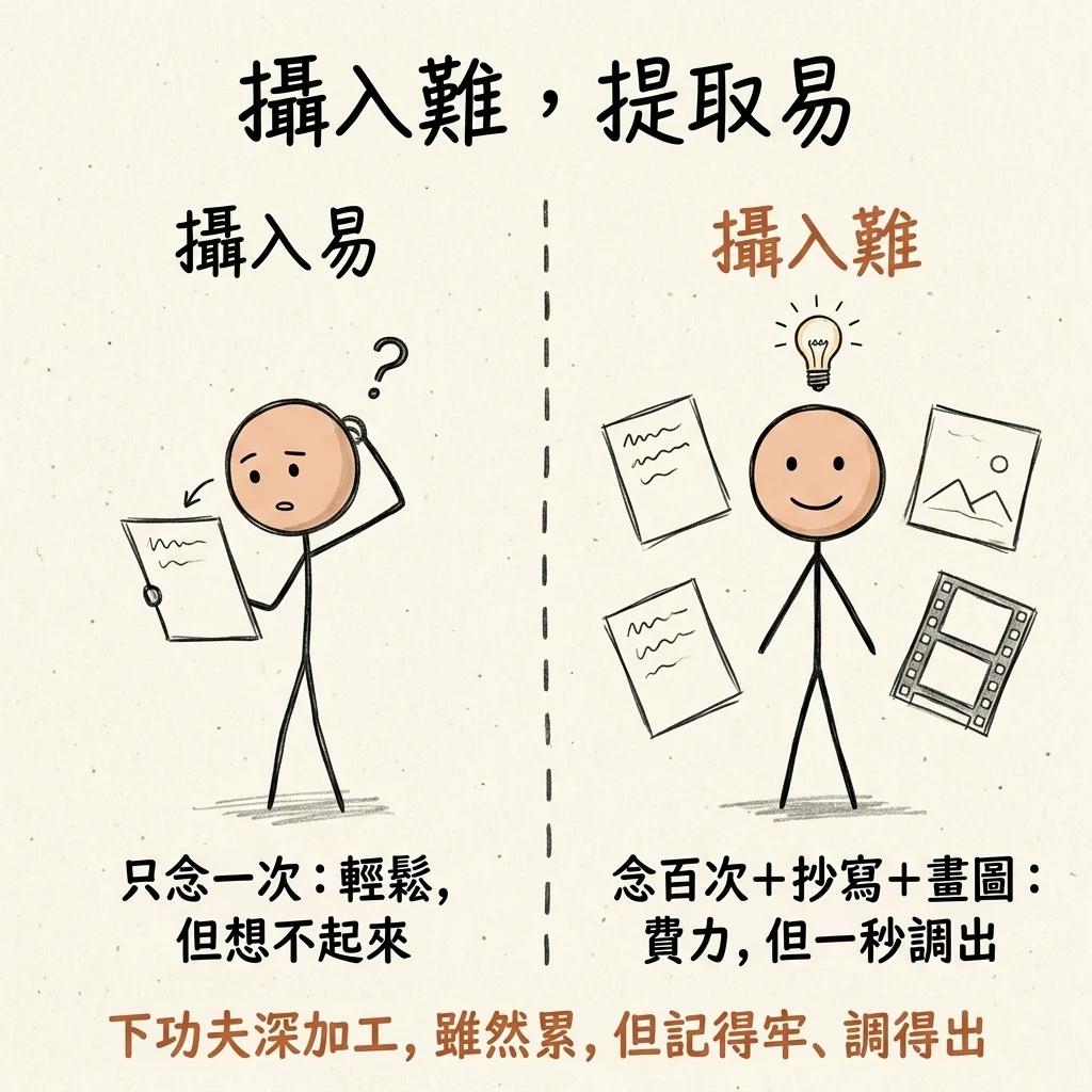 攝入難提取易對比:只念一次很輕鬆但想不起來,念百次加抄寫加畫圖很費力但一秒調出,下功夫深加工雖然累但記得牢調得出