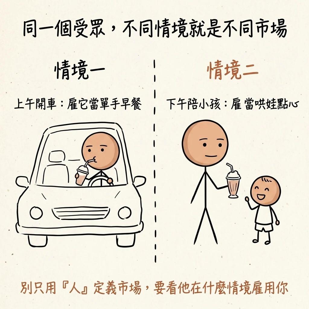 同一個受眾不同情境就是不同市場:上午開車雇奶昔當單手早餐、下午陪小孩雇奶昔當哄娃點心,別只用人定義市場要看他在什麼情境雇用你