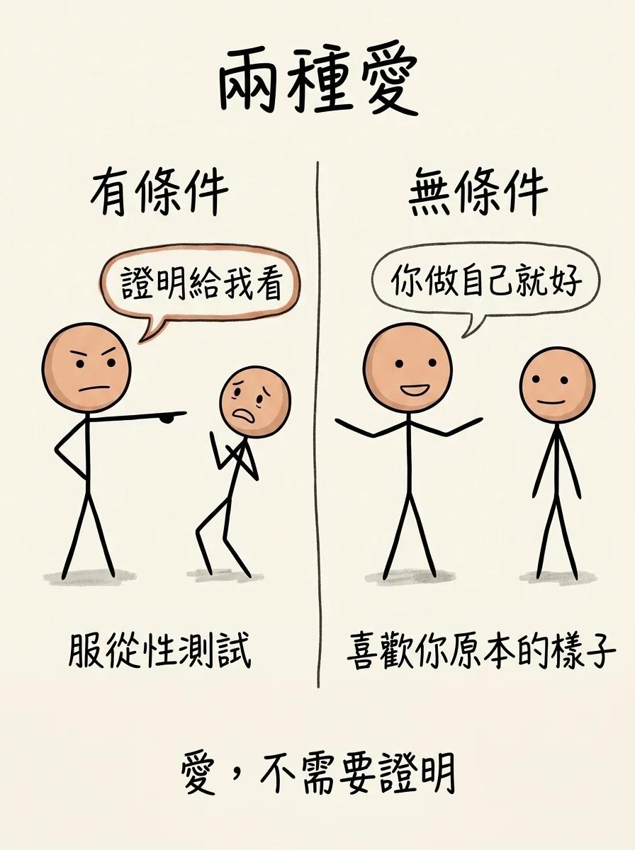 兩種愛:有條件的愛要你證明服從,無條件的愛喜歡你原本的樣子,愛不需要證明