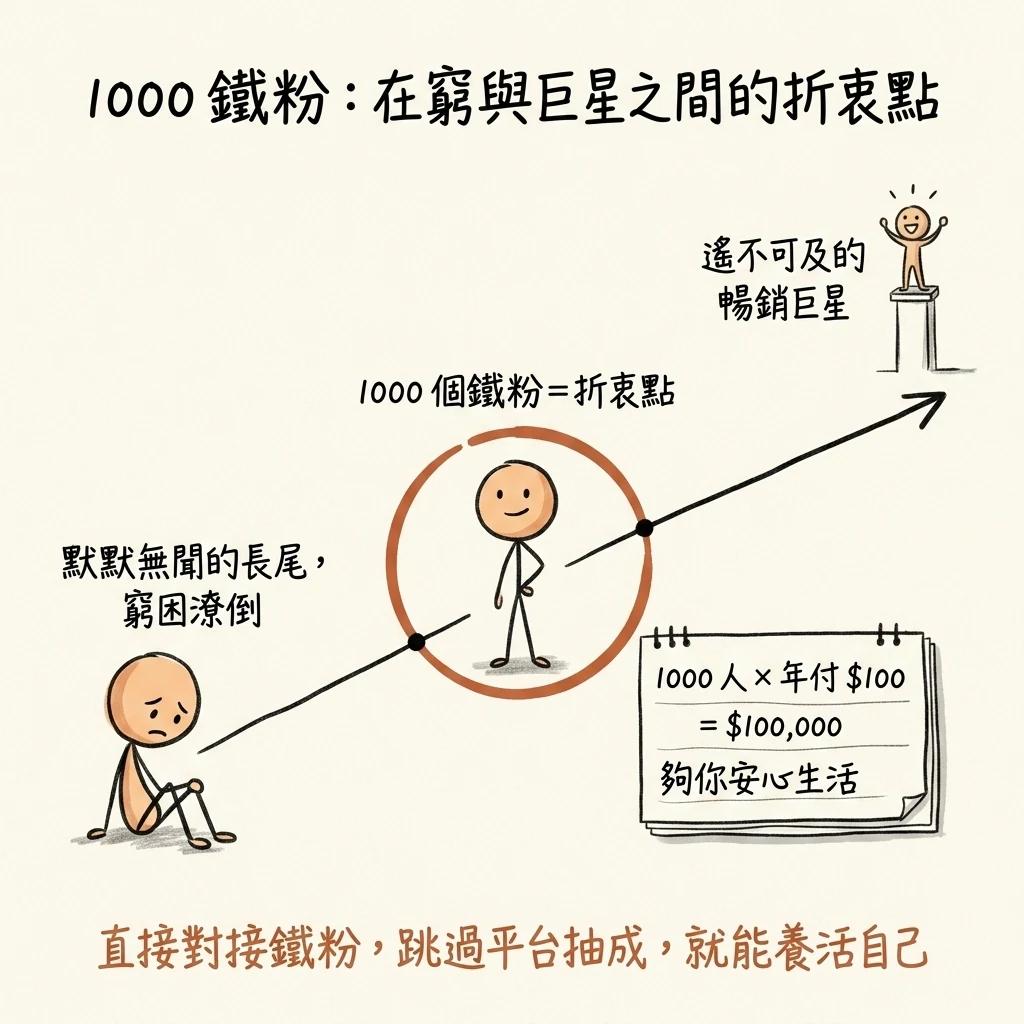 1000 鐵粉是折衷點:在窮困潦倒的長尾與遙不可及的暢銷巨星之間,1000 個鐵粉每人年付一百美元等於十萬美元,足夠養活自己