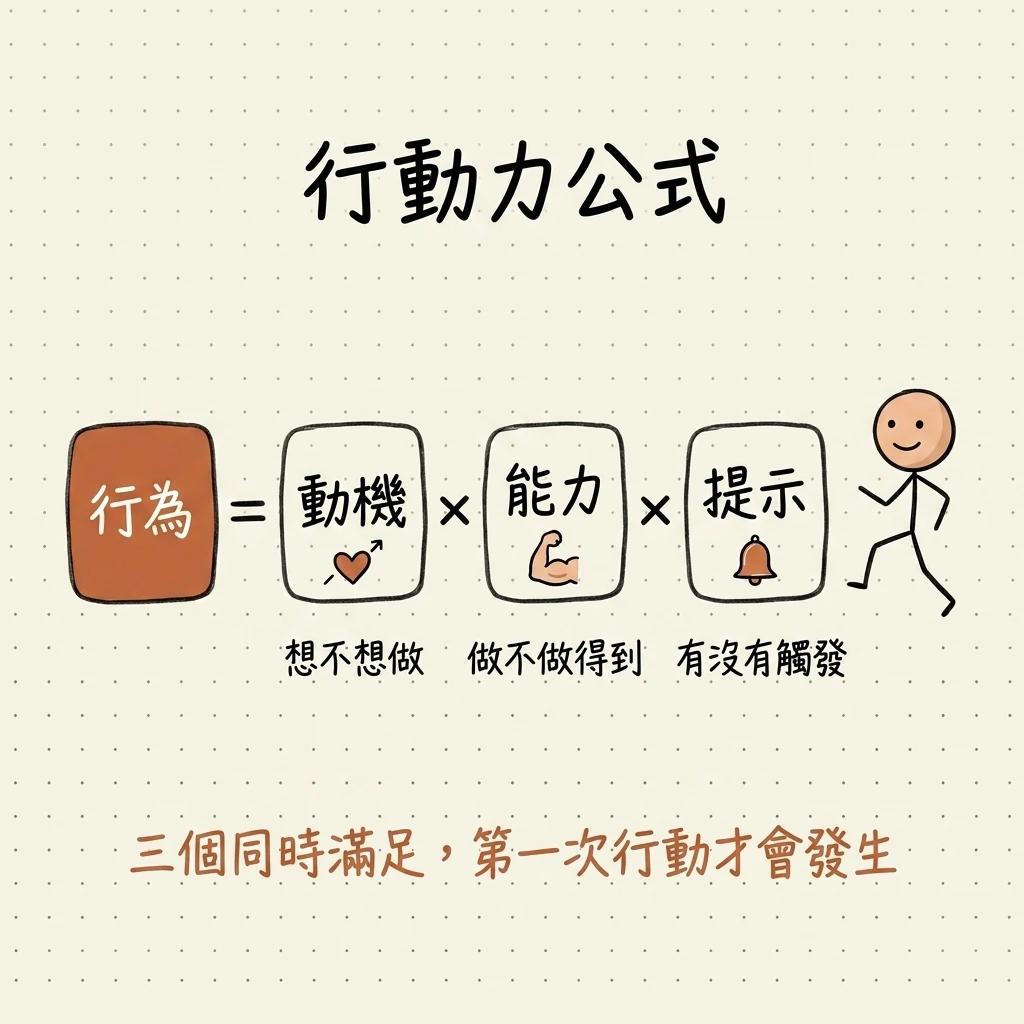 福格行為公式:行為等於動機乘以能力乘以提示,三個同時滿足第一次行動才會發生