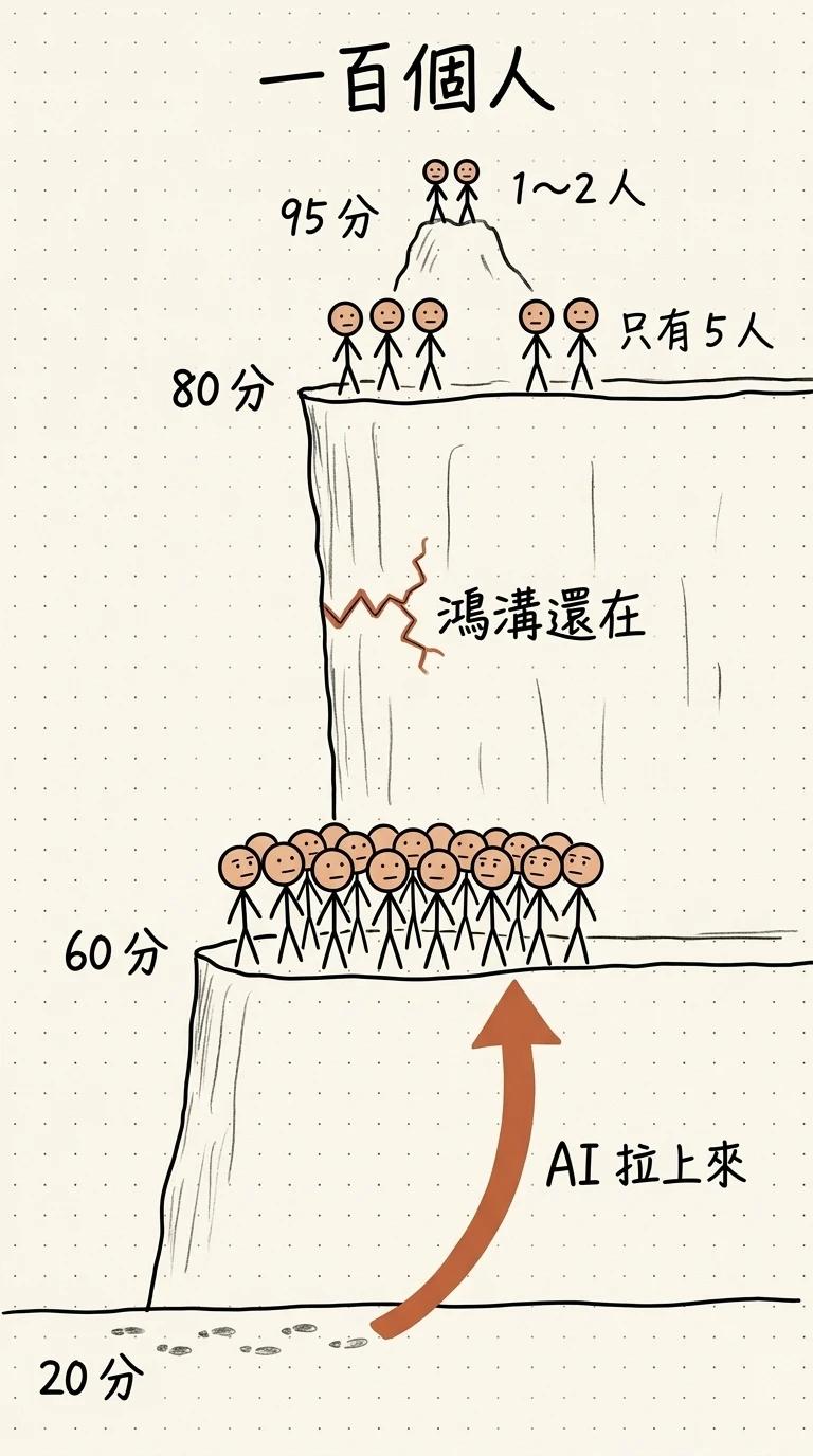 一百個人的分佈:AI 把 20 分的人一口氣拉上 60 分的平台,但 60 到 80 之間的懸崖鴻溝還在,80 分以上只有 5 人,95 分只有 1~2 人