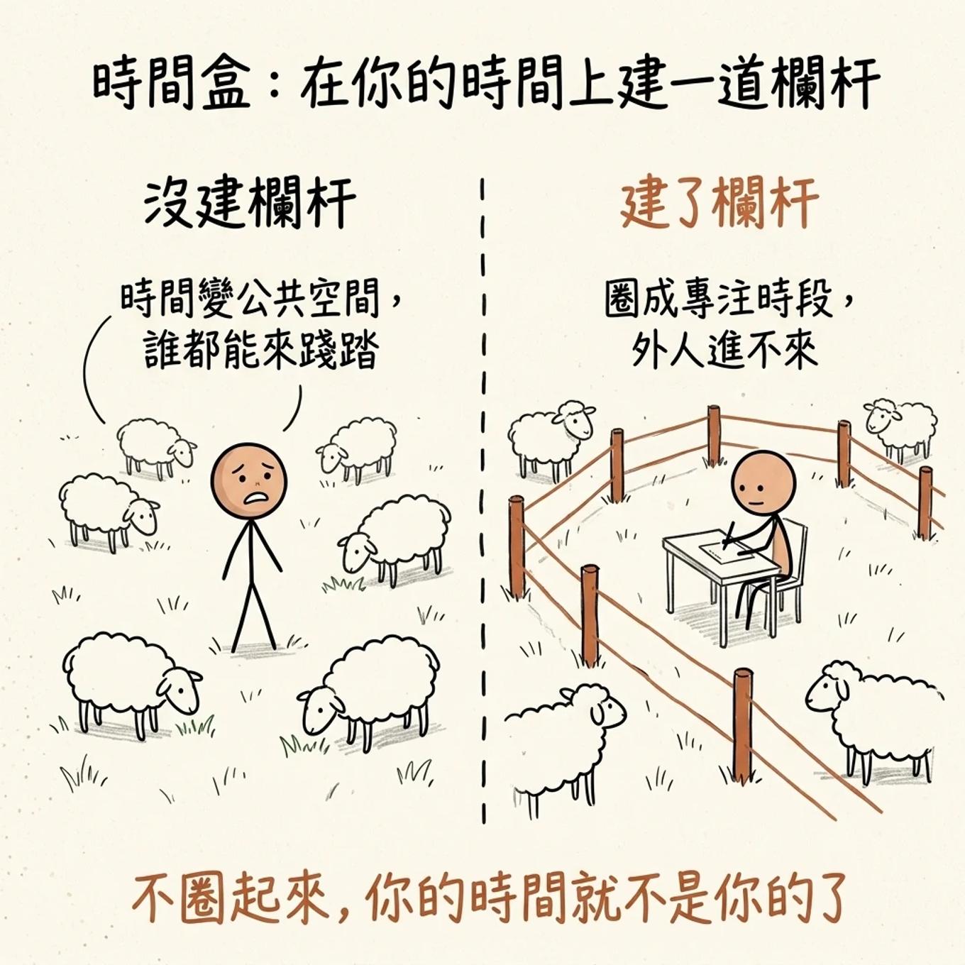 時間盒像在你的時間上建一道欄杆：沒建欄杆時間變公共空間誰都能來踐踏別人的羊群隨意吃，建了欄杆圈成專注時段外人進不來，不圈起來你的時間就不是你的了