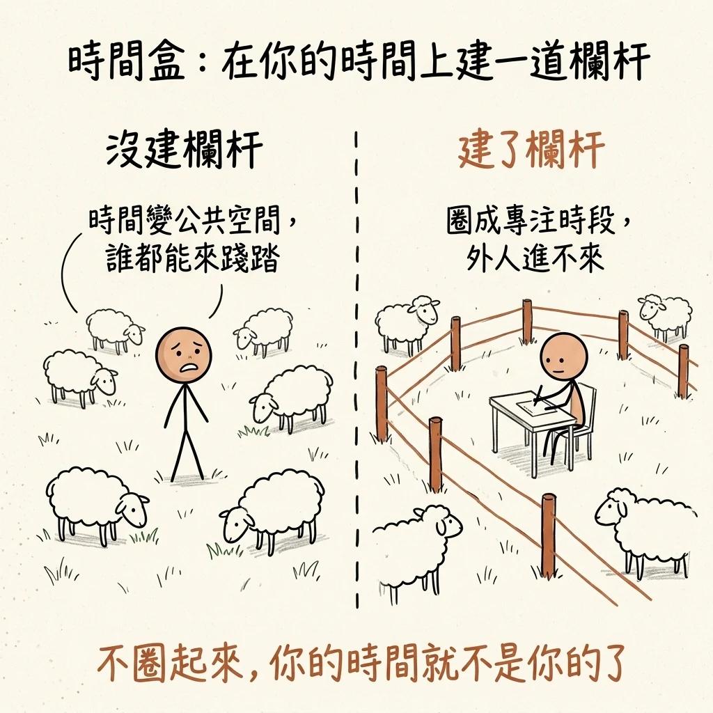 時間盒像在你的時間上建一道欄杆:沒建欄杆時間變公共空間誰都能來踐踏別人的羊群隨意吃,建了欄杆圈成專注時段外人進不來,不圈起來你的時間就不是你的了