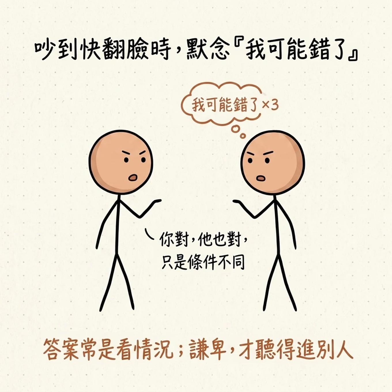 吵到快翻臉時默念我可能錯了三次：你對他也對只是條件不同，答案常是看情況，謙卑才聽得進別人