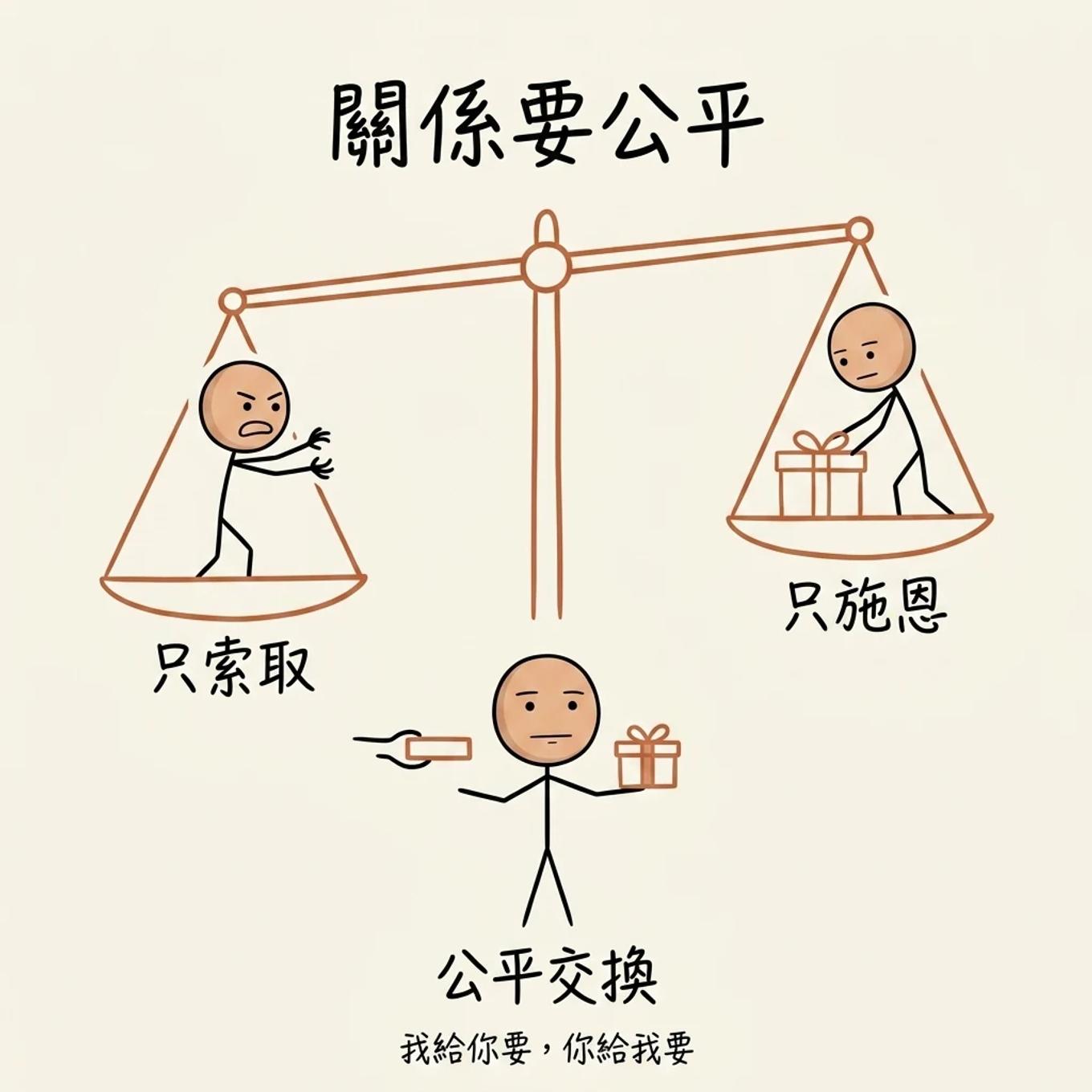 公平交換天平：只索取與只施恩都是失衡的兩端，公平交換才是穩定的中間
