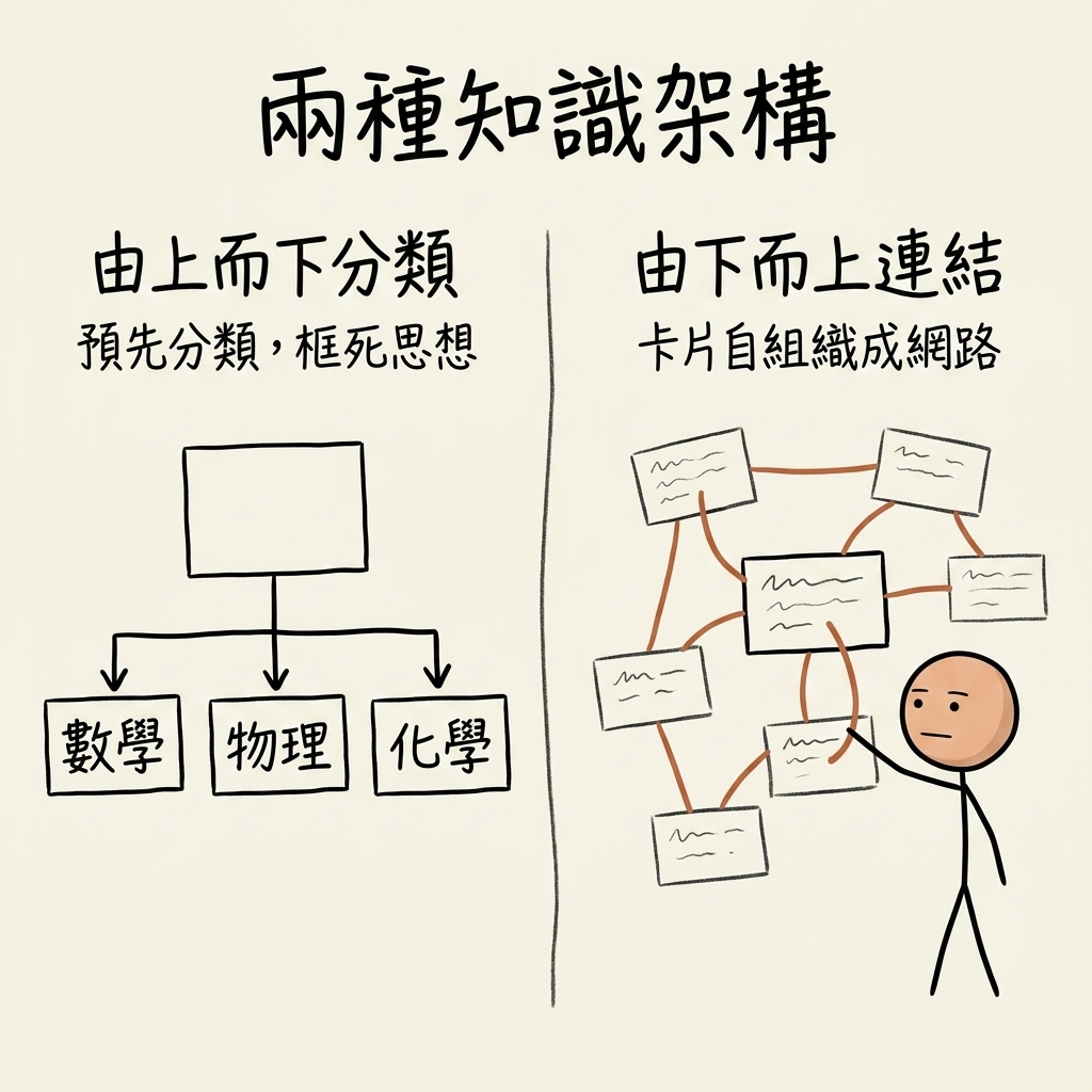兩種知識架構:由上而下的層級分類(數學、物理、化學分科)預先分類、框死思想;由下而上的卡片連結,卡片自組織成網路