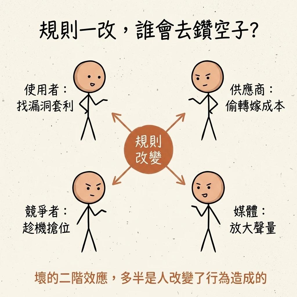 利害關係人套利地圖:規則一改,使用者、供應商、競爭者、媒體各自被驅動去鑽空子