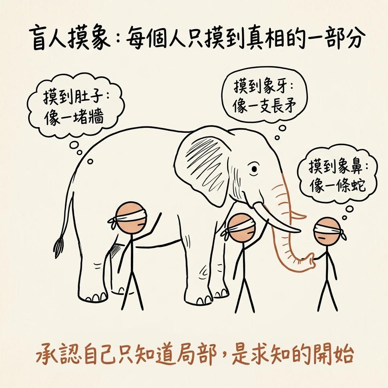 盲人摸象：摸到肚子的說像一堵牆、摸到象牙的說像一支長矛、摸到象鼻的說像一條蛇，每個人只摸到真相的一部分，承認自己只知道局部是求知的開始