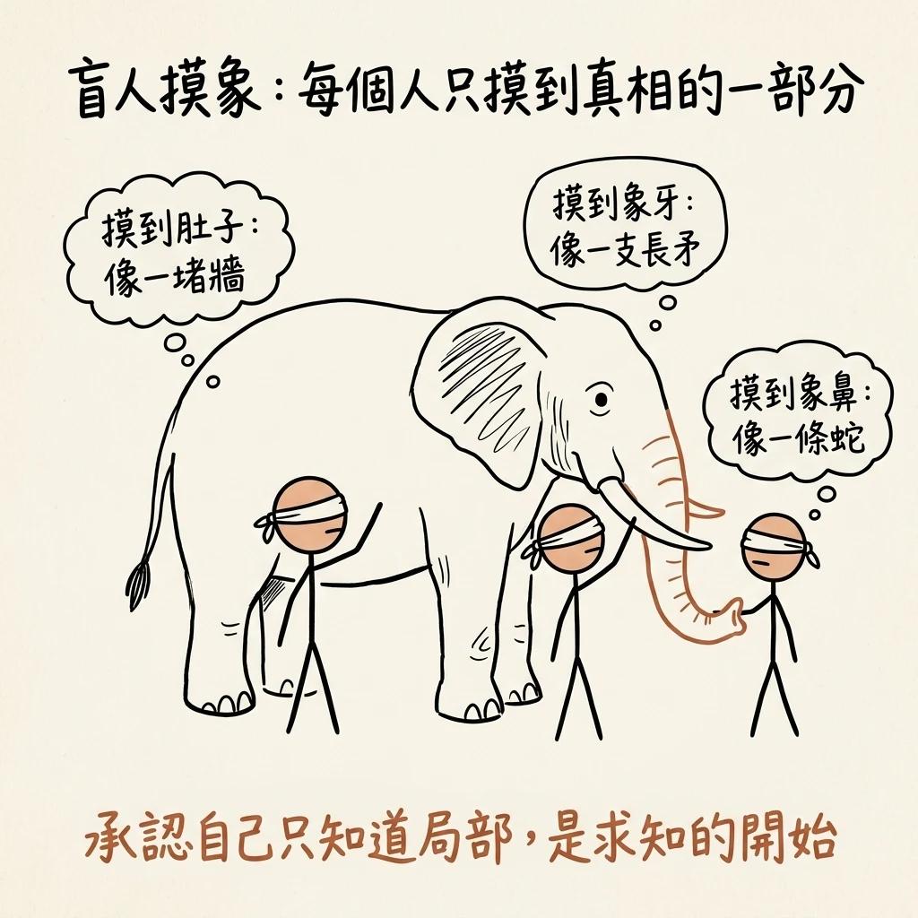 盲人摸象:摸到肚子的說像一堵牆、摸到象牙的說像一支長矛、摸到象鼻的說像一條蛇,每個人只摸到真相的一部分,承認自己只知道局部是求知的開始