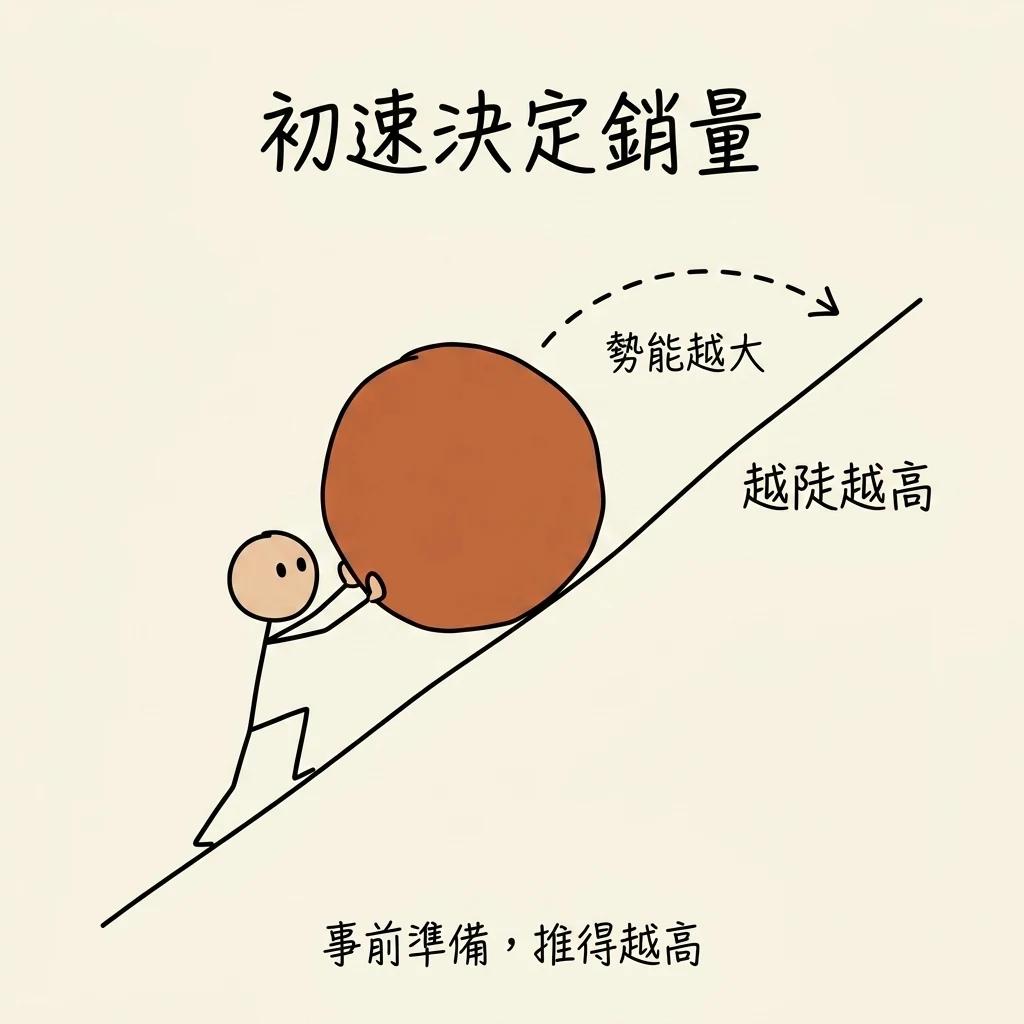 滾石頭比喻:把課程推上越陡的坡,初始動能越大,落下的勢能(銷量)就越大