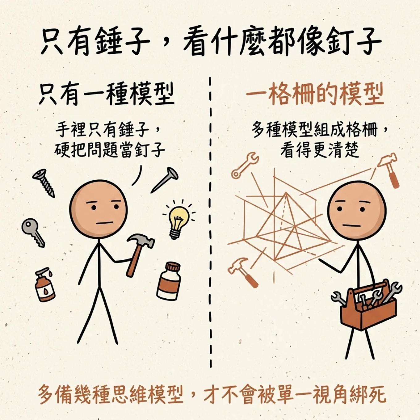 只有錘子看什麼都像釘子：只有一種模型時手裡只有錘子硬把問題當釘子，有一格柵的多種模型時能從幾個角度看清楚，多備幾種思維模型才不會被單一視角綁死