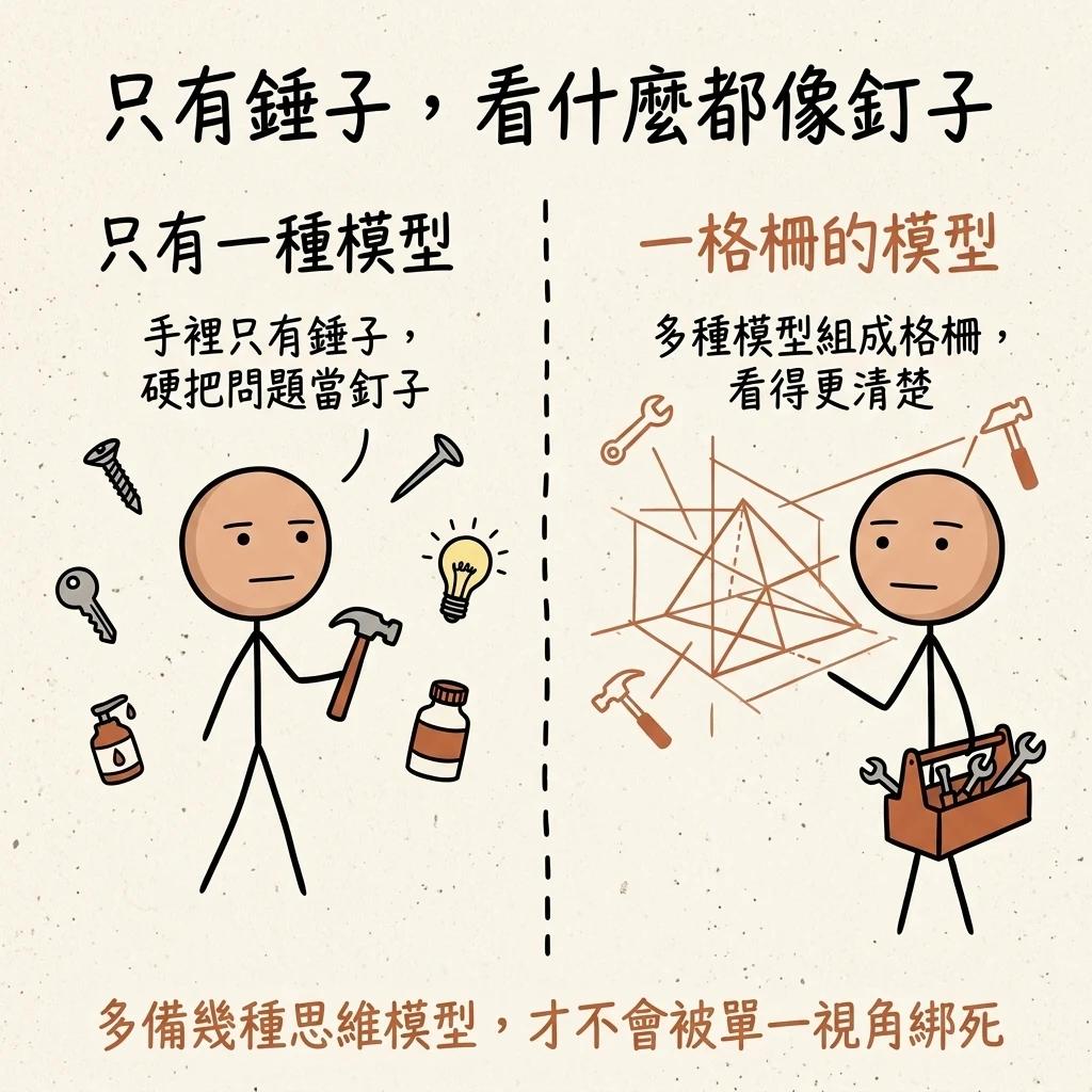 只有錘子看什麼都像釘子:只有一種模型時手裡只有錘子硬把問題當釘子,有一格柵的多種模型時能從幾個角度看清楚,多備幾種思維模型才不會被單一視角綁死