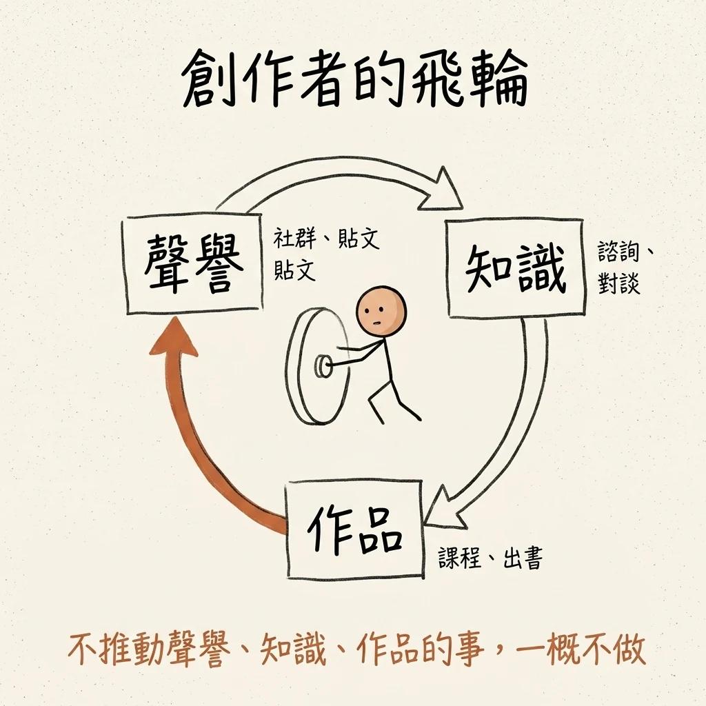 劉潤的知識飛輪:聲譽提升帶動知識累積、作品增加,再回頭提升聲譽,首尾相接的增強迴路