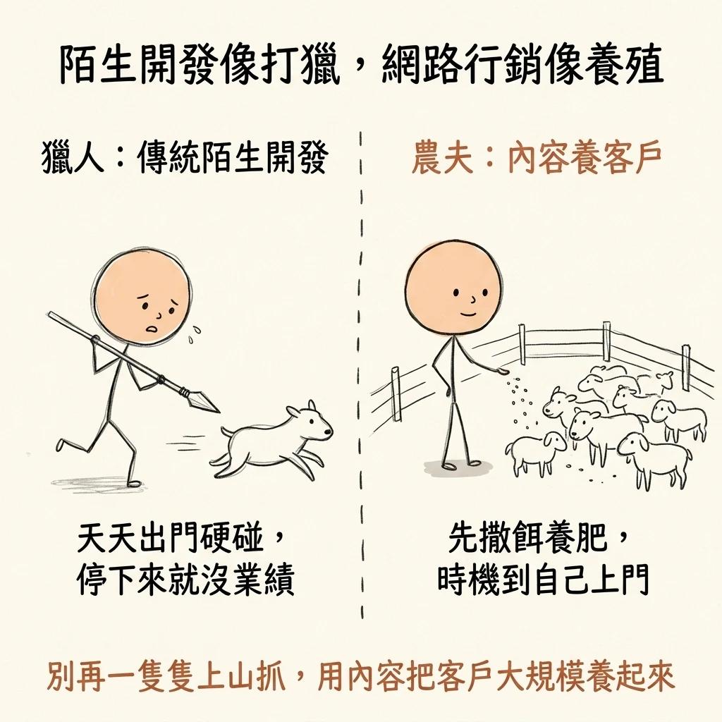 陌生開發像打獵網路行銷像養殖:獵人傳統陌生開發天天出門硬碰停下來就沒業績,農夫用內容養客戶先撒餌養肥時機到自己上門,別再一隻隻上山抓用內容把客戶大規模養起來
