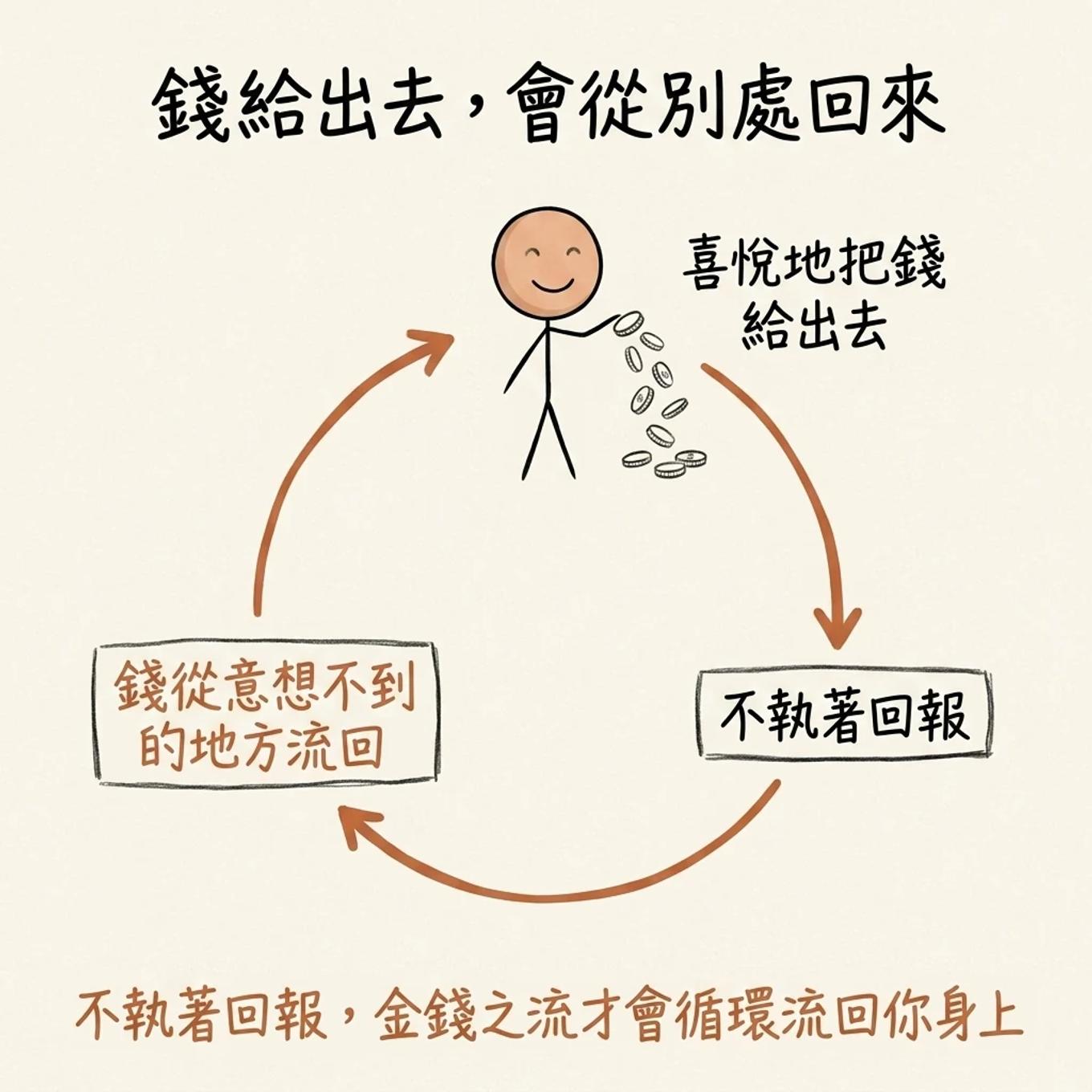 錢給出去會從別處回來：喜悅地把錢給出去不執著回報錢從意想不到的地方流回，不執著回報金錢之流才會循環流回你身上