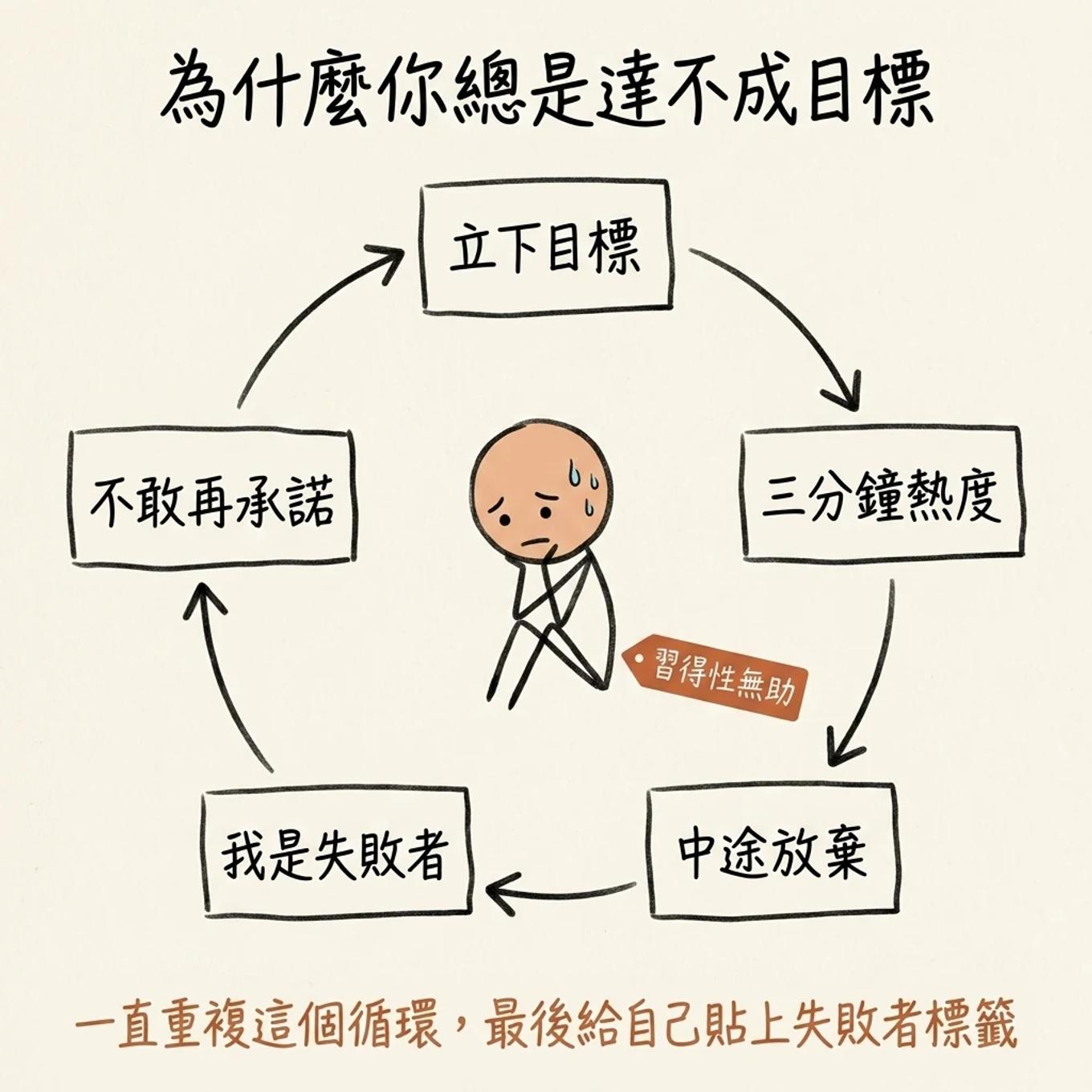 習得性無助的惡性循環：立下目標、三分鐘熱度、中途放棄、我是失敗者、不敢再承諾，一直重複