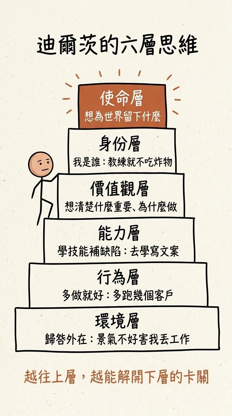 迪爾茨邏輯層次金字塔:由下而上是環境、行為、能力、價值觀、身份、使命六個思維層次