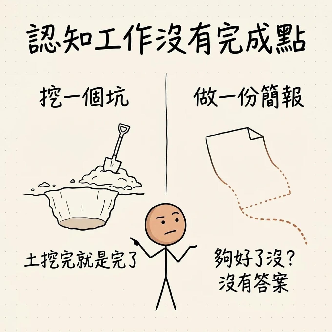 認知工作沒有完成點：挖一個坑土挖完就是完了，做一份簡報「夠好了沒」宇宙不提供答案