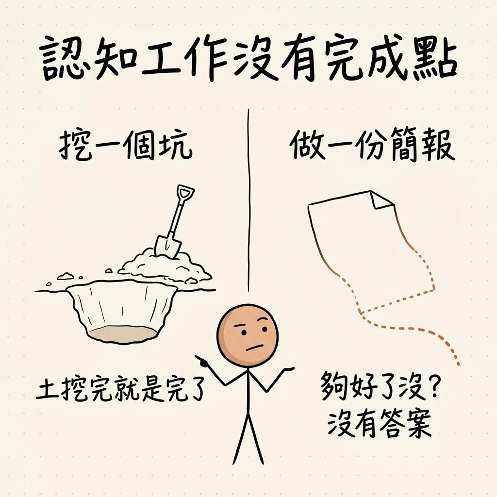 認知工作沒有完成點:挖一個坑土挖完就是完了,做一份簡報「夠好了沒」宇宙不提供答案