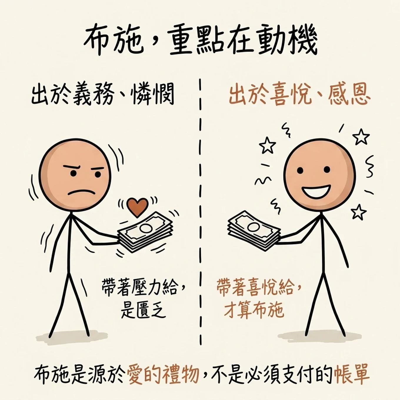 布施重點在動機：出於義務憐憫帶著壓力給是匱乏，出於喜悅感恩帶著喜悅給才算布施，布施是源於愛的禮物不是必須支付的帳單